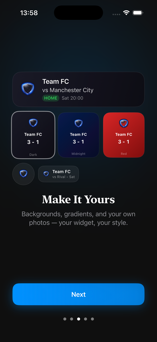 FanBadge customization screen showing Dark, Midnight, and Red widget themes