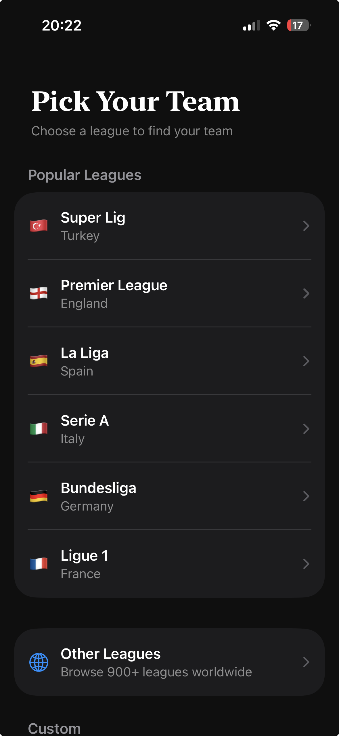 FanBadge league selection showing Super Lig, Premier League, La Liga, Serie A, Bundesliga, Ligue 1 and 900+ leagues