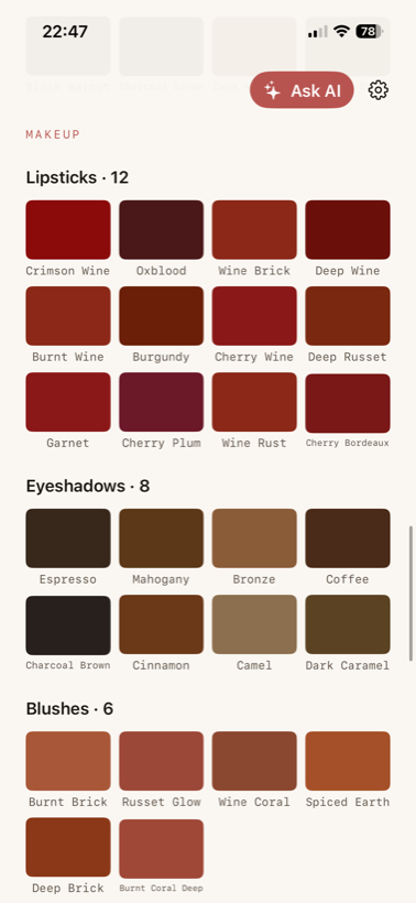 Matched makeup shades